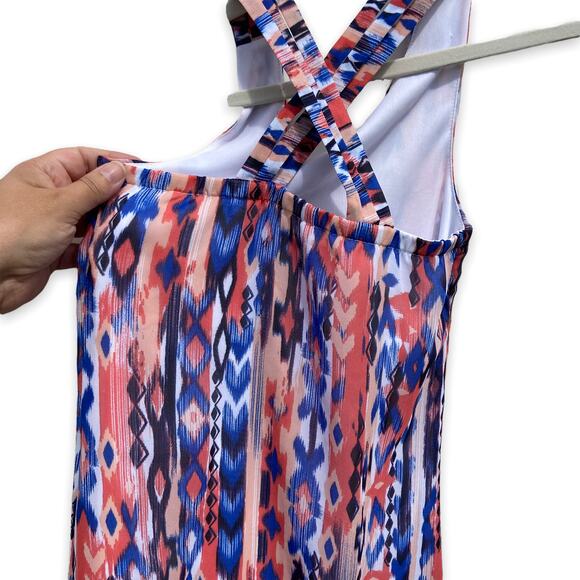 Tween Diva Girls Dress Size 7 Maxi Ikat Blue Orange Peach Black Print Cross Back - Picture 3 of 5